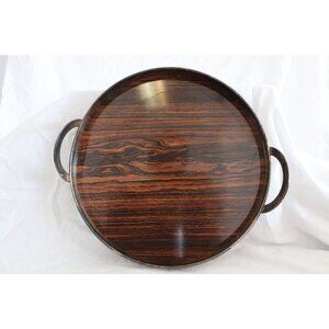 Vintage Serving Tray With Silver Plated Handles Hard Metal Base Wood Pattern
